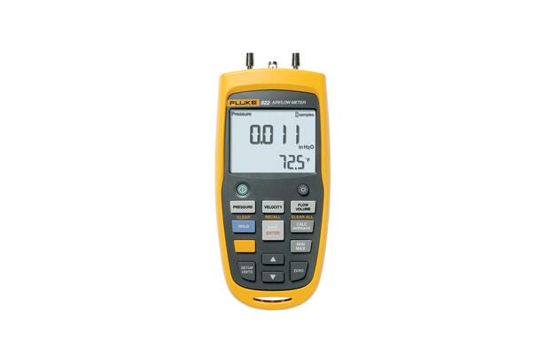 Fluke 922 Airflow Meter gul digital måler til differenstryk, lufthastighed og luftmængde til HVAC.