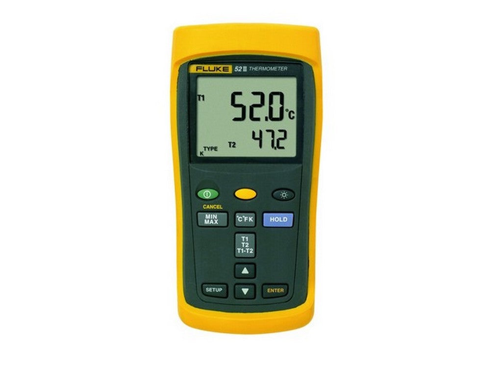 Digitalt 2-kanals Fluke termometer på hvid baggrund med temperaturdisplay