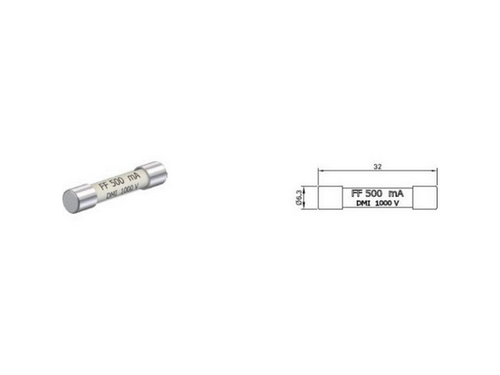 HRC sikring 1,6A 1000V med teknisk tegning og dimensioner