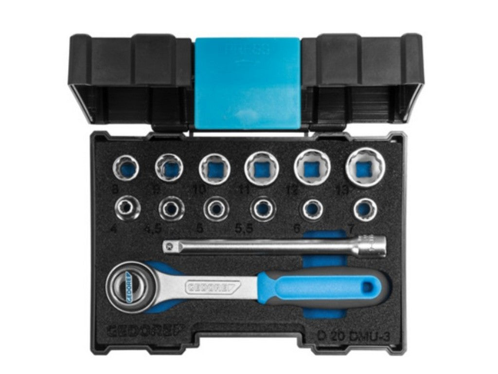 Gedore socket wrench set 1/4 in plastic box 12pcs sockets 4-13mm 1pcs extension 1pcs ratchet wrench