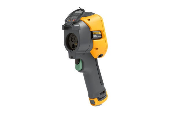 Fluke TiS60+ termisk kamera set bagfra med åben linsebeskytter og grøn udløserknap.