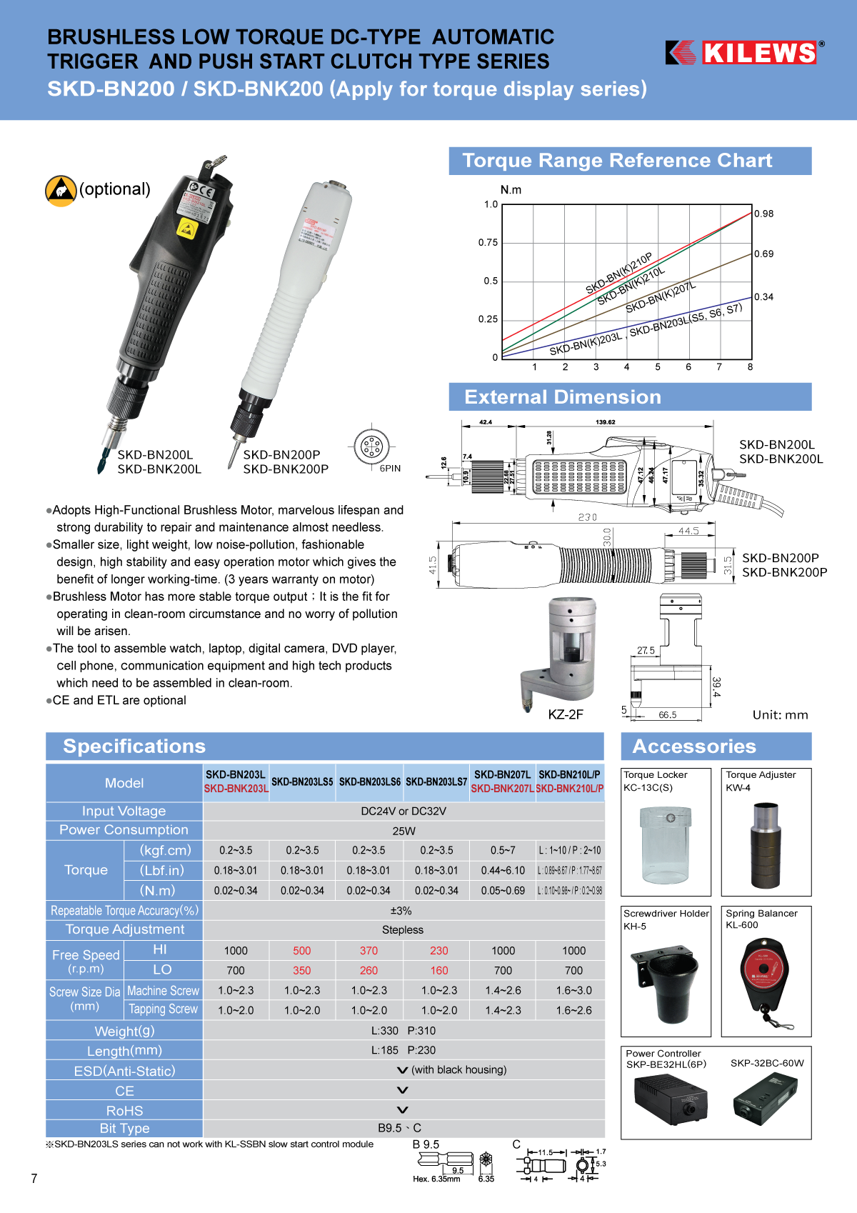 Skruemaskine DC12V ESD 0,1-0,98 Nm; 6 Pin eks. SKP-32BC-60W-6P