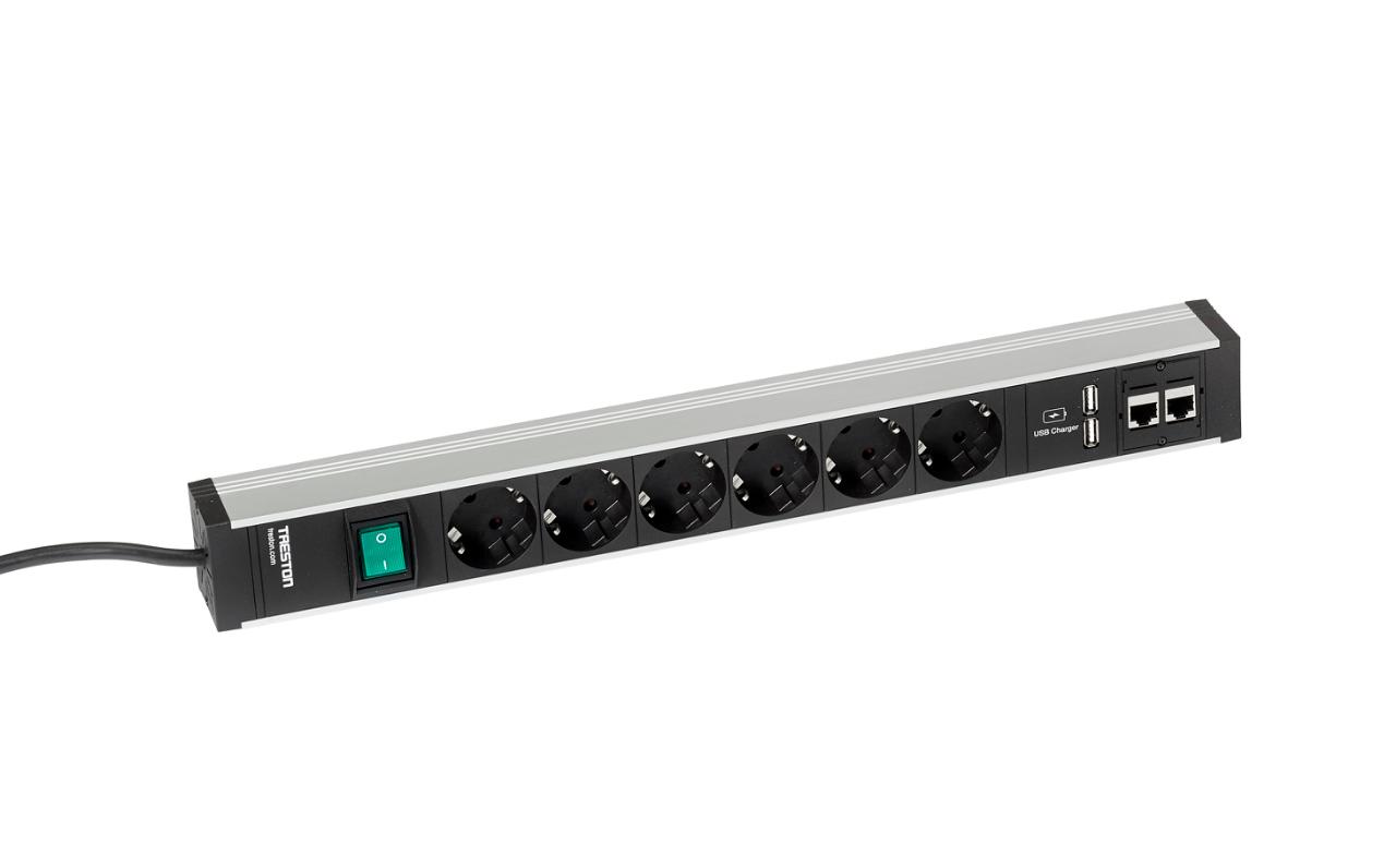 Strømskinne 468, 6 stikkontakter + kontakt + 2xUSB + 2xCAT6A