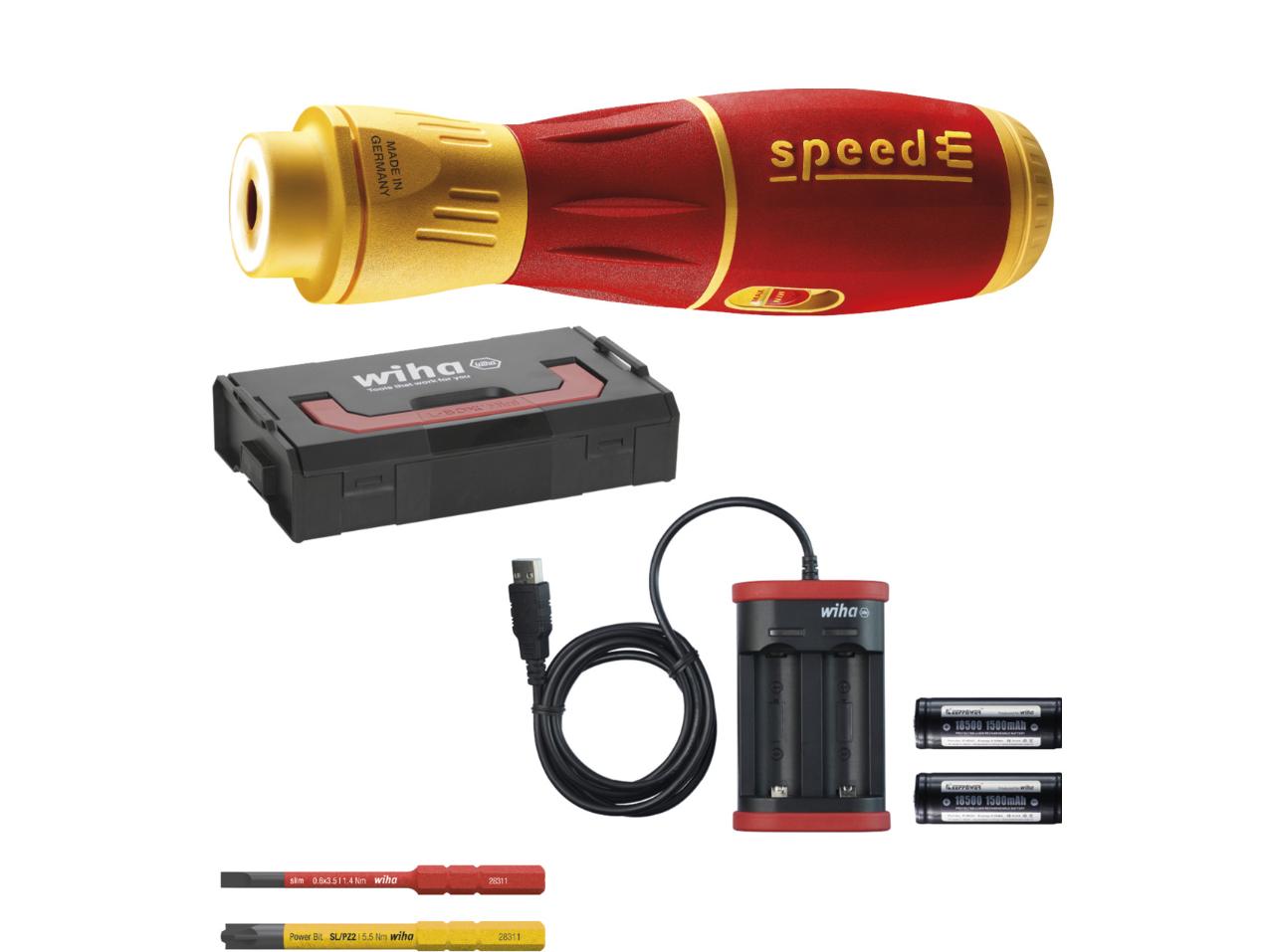 Wiha E-skruetrækker, speedE® II electric 7 dele med slimBits, batterier og USB-oplader i L-Boxx Mini  (44318)