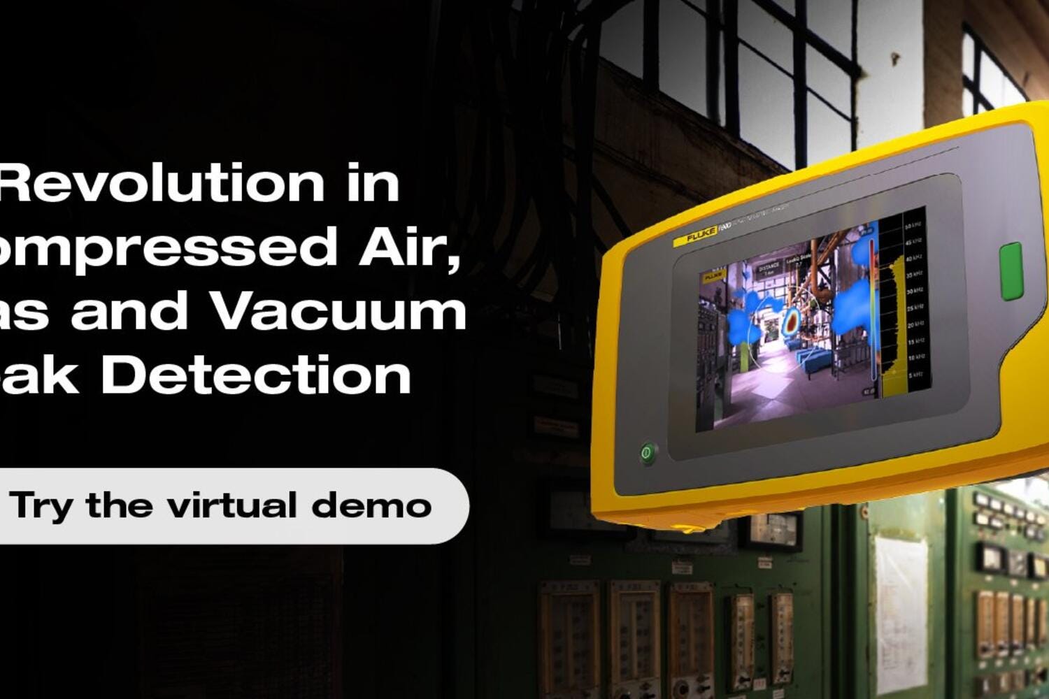 Fluke ii910 Sonic Industrial Imager skærm og tekst om revolutionerende lækagedetektering i industrien.