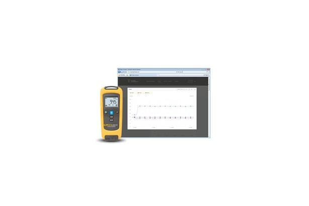Fluke a3002 FC trådløst strøm-modul vist med datavisning på en computerskærm via Fluke Connect.