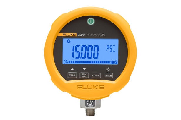 Fluke 700G digital præcisionstrykkalibrator i gult hylster med tydeligt LCD display og kontrolknapper.