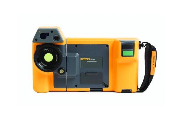 Bagside af Fluke TiX580 termisk kamera i orange design med linse og rem.