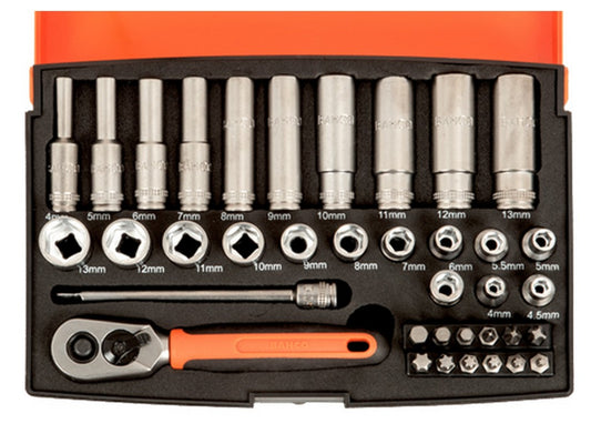 1/4" topnøglesæt 4-13 mm, korte og lange toppe - 37 dele
