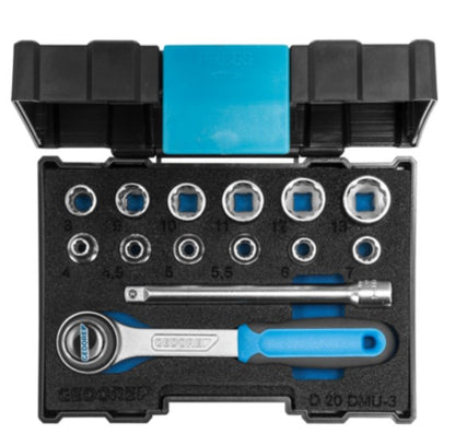 Gedore socket wrench set 1/4 in plastic box 12pcs sockets 4-13mm 1pcs extension 1pcs ratchet wrench
