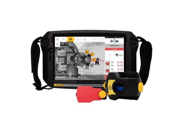 Fluke 831 laserbaseret værktøj til præcis akselopretning med tablet-display, sensor og reflektor.