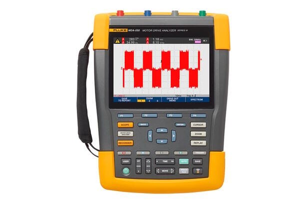 Fluke MDA-550 Motor Drive Analyzer III med display der viser røde grafiske målinger.