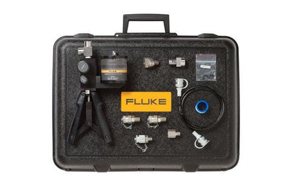 Fluke 700HTPK2 hydraulisk testkit med pumpe og adaptere opbevaret i en robust transportkuffert.