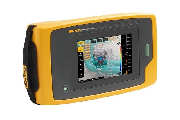 Fluke ii500 Sonic Industrial Imager skærm med SoundMap visning af lækagedetektion i industrimiljø.