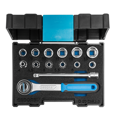 Gedore socket wrench set 1/4 in plastic box 12pcs sockets 4-13mm 1pcs extension 1pcs ratchet wrench